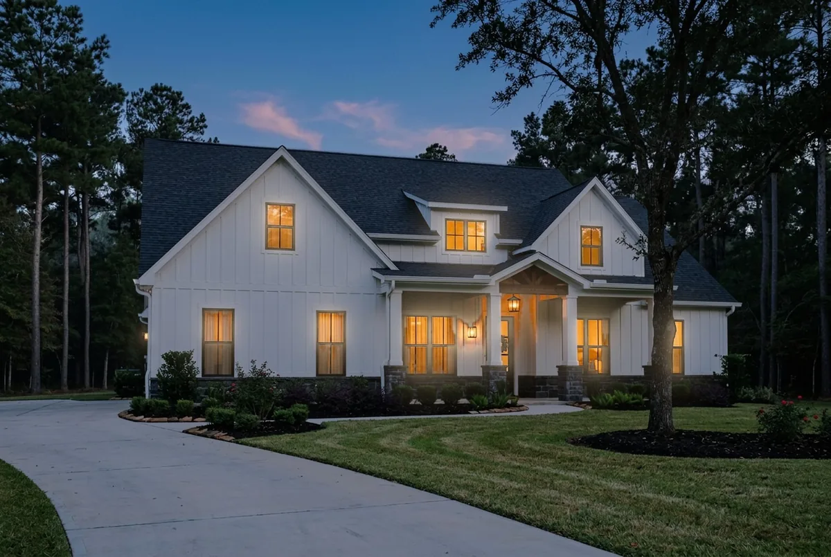 A white farmhouse at dusk with no Christmas lights.