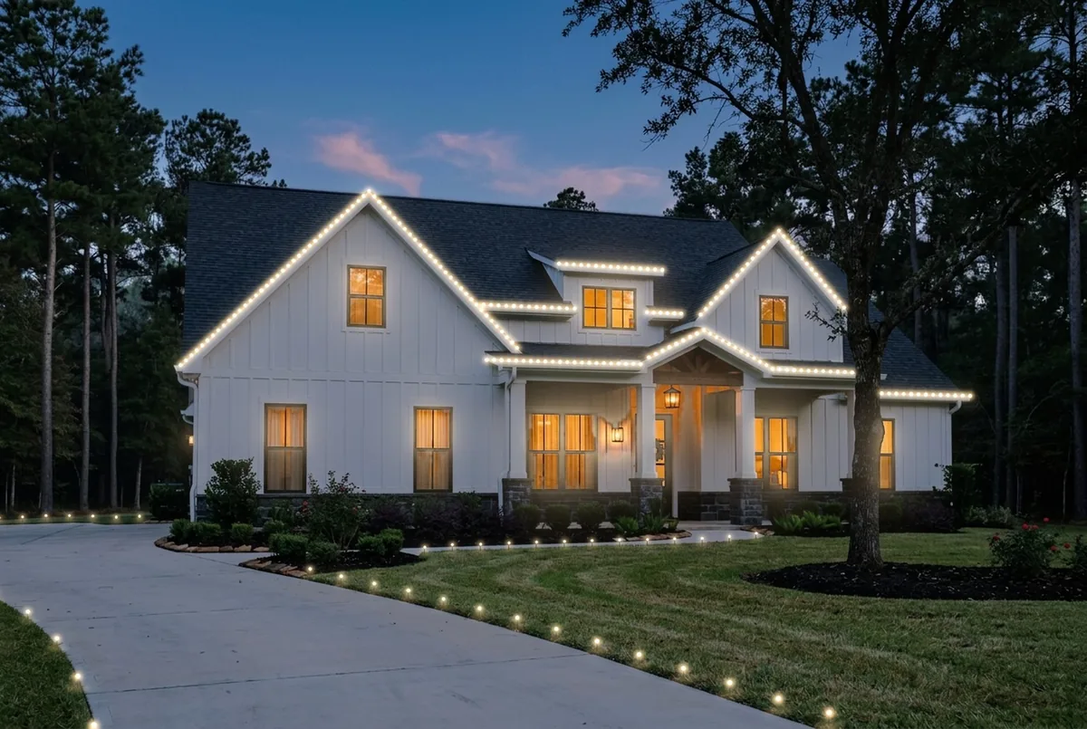 The same farmhouse lit in Everglow, with warm white lights along the roofline, the porch and the walkway.