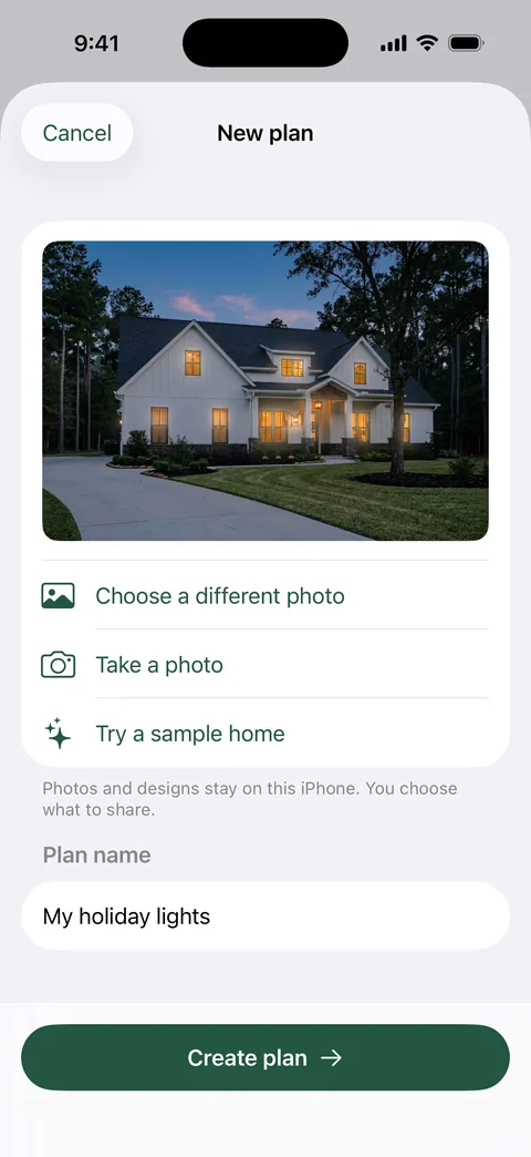 The New plan screen in Everglow with a photo of a white farmhouse at dusk and a Create plan button.